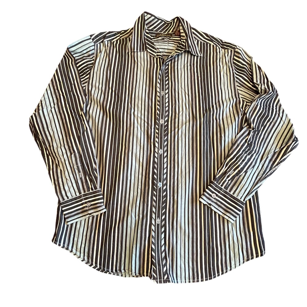 Cubavera Mens XL Long Sleeve Button Down Shirt Cotton Striped Black Grey Blue